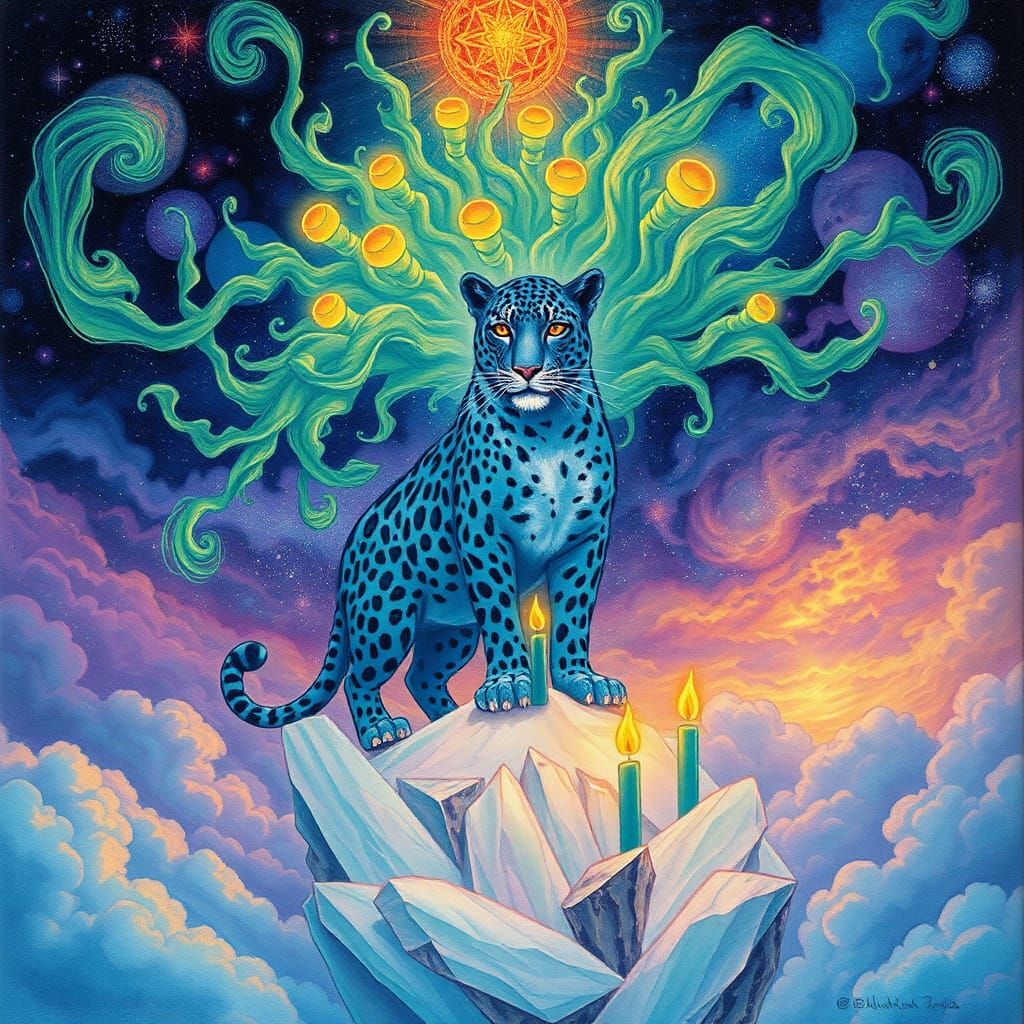 Surreal Blue Leopard King in Cosmic Astral Scene