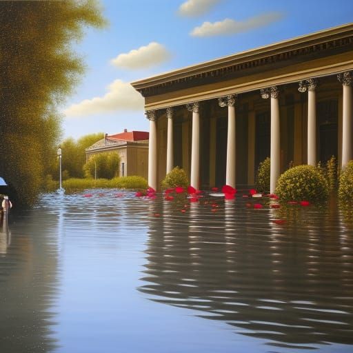 Flooded Street Scene with Rose Petals, Hyperreal Oil Paintin...