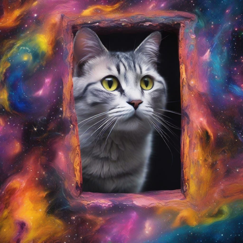 Surreal Cat Door in Deep Space, Abstract Expressionism