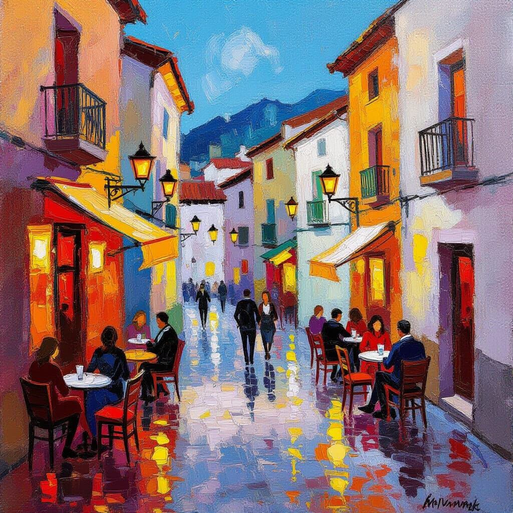 Spanish Street Scene in Neo-Impressionist Style