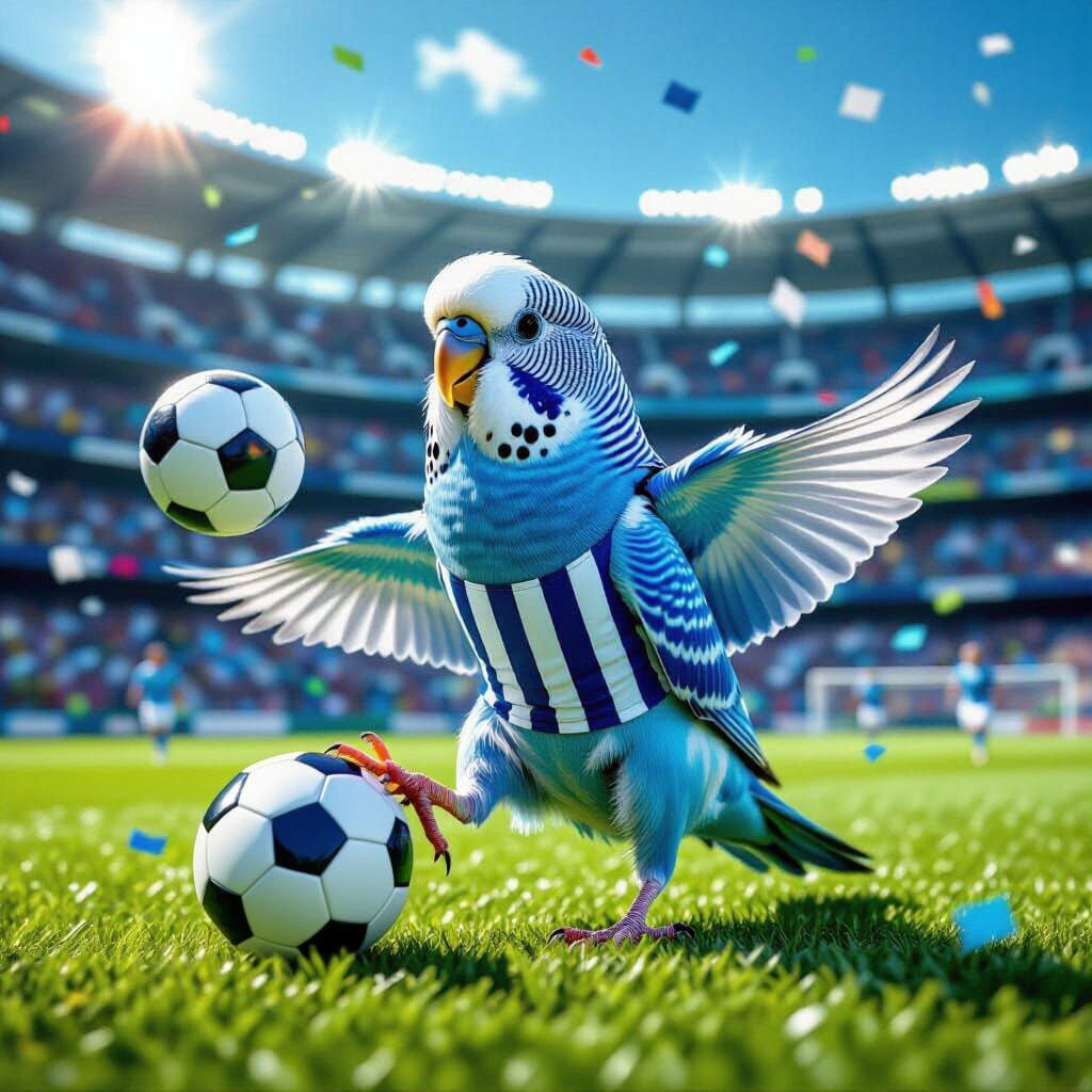 Budgie Juggling Soccer Ball in Stadium