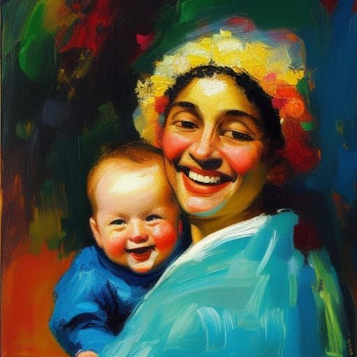 Smiling Woman with Laughing Baby in Neo-Impressionist Style
