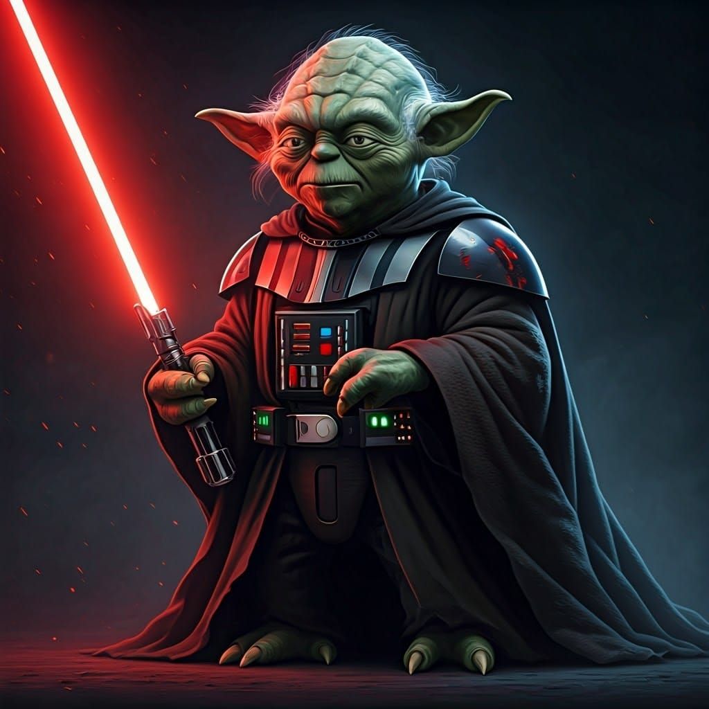 Yoda in Darth Vader Armor with Lightsaber