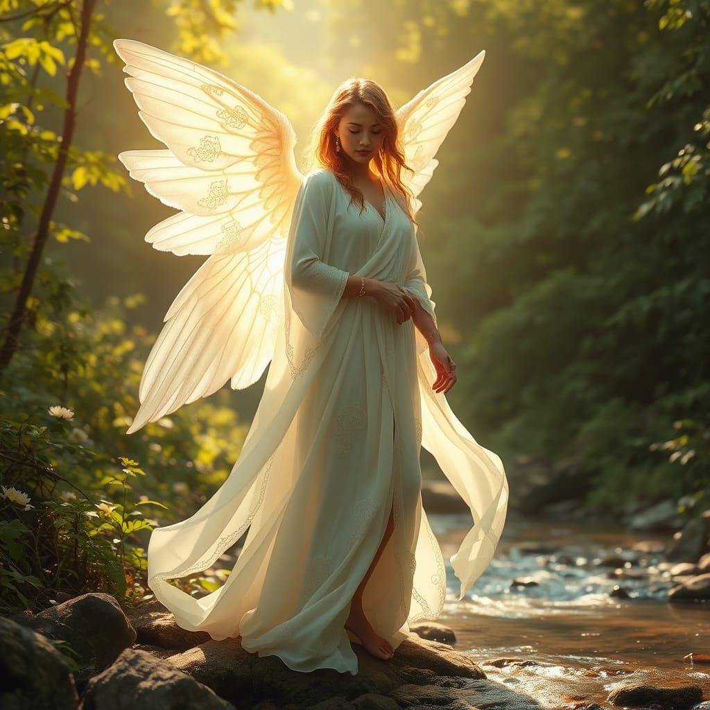 Majestic Archangel Ariel Illuminates Forest and River in Gol...