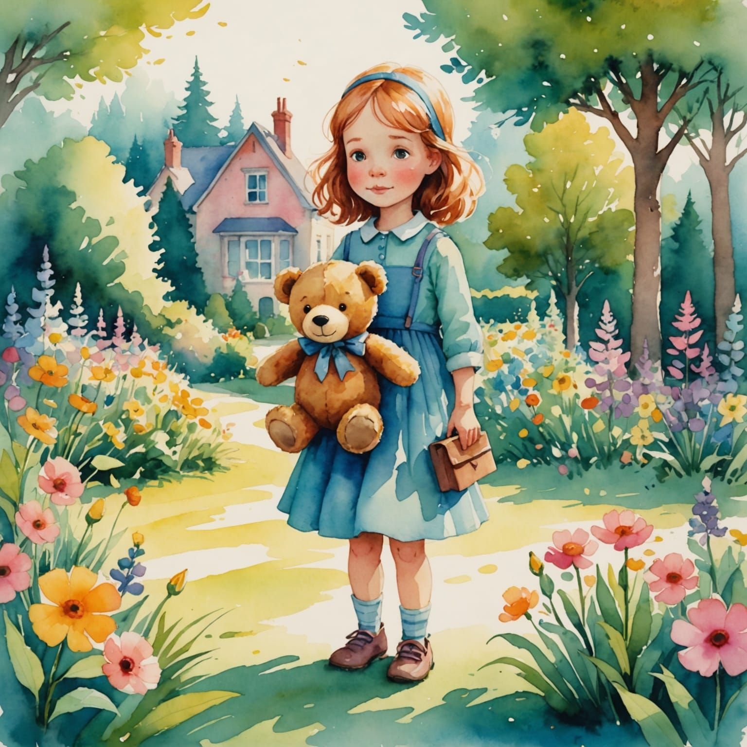 Girl and Teddy Bear in Watercolor Garden