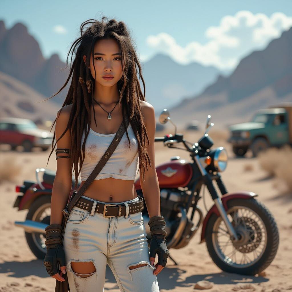 A young Korean woman stands in a dusty, desert-like environm...