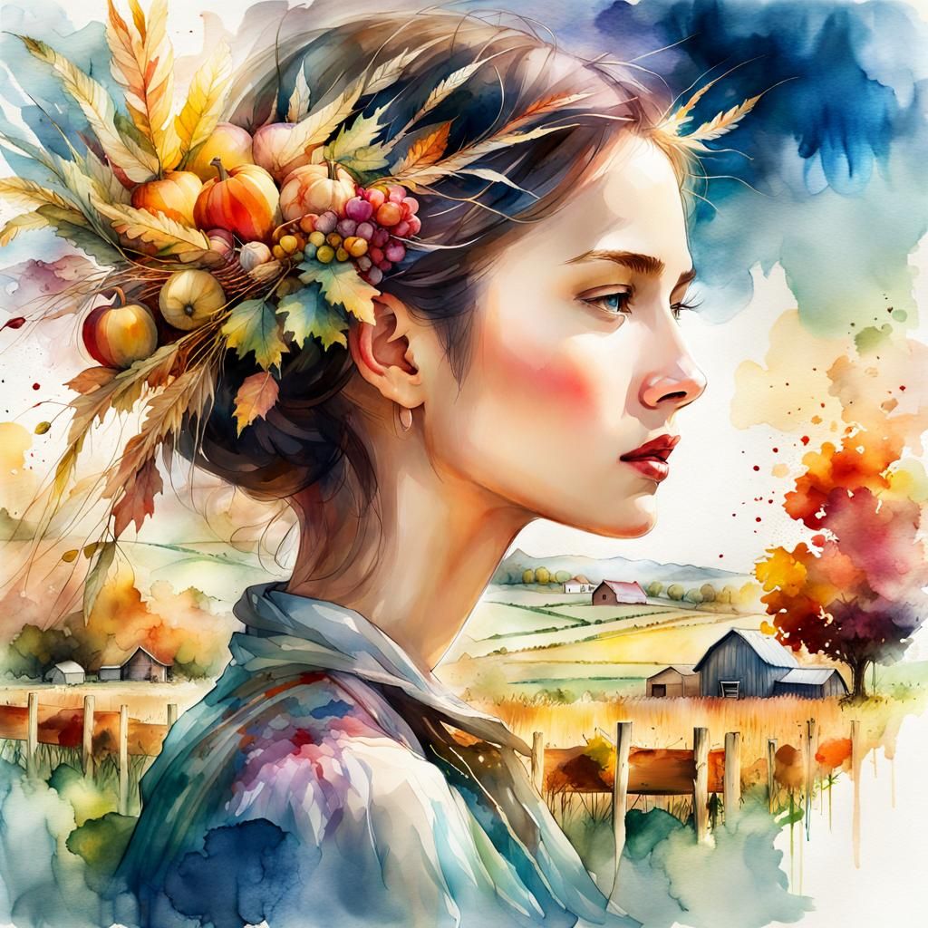 Fall Harvest Double Exposure in Watercolor Style