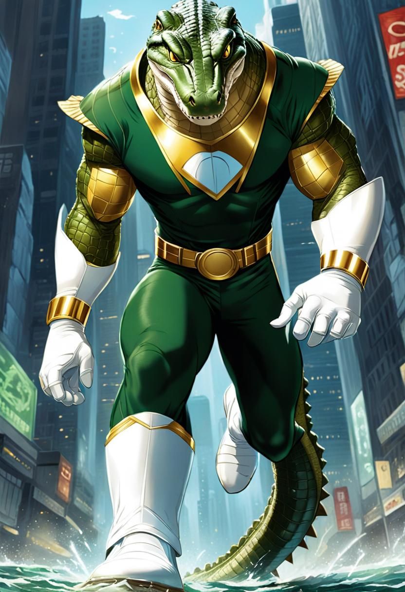 Colossal Crocodile Superhero in Flooded City
