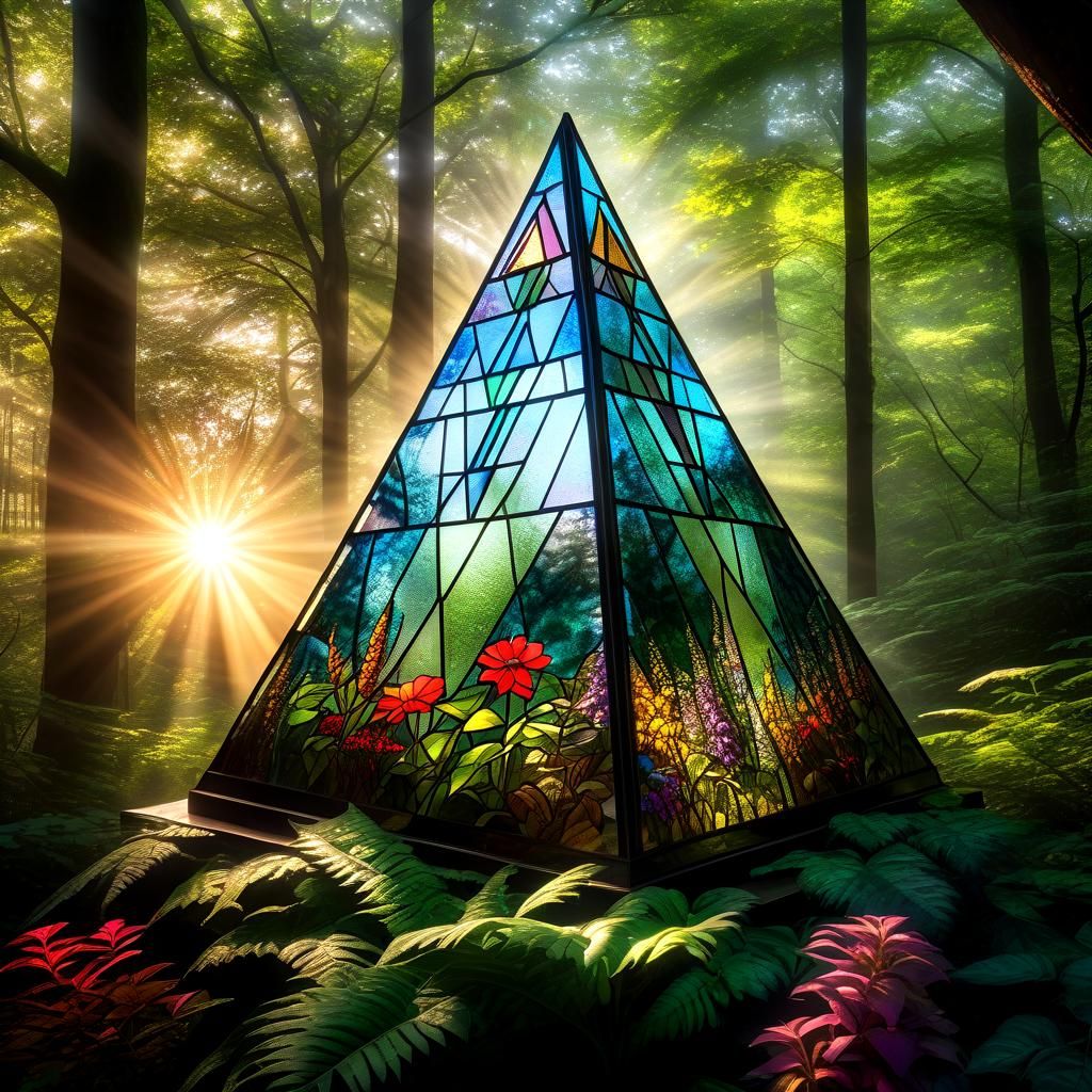 Luminous Stained Glass Pyramid in Misty Forest