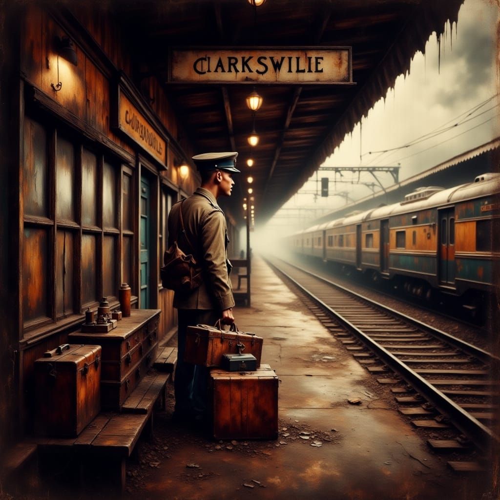 Nostalgic Soldier Waits for Train to Clarksville in Warm Gol...