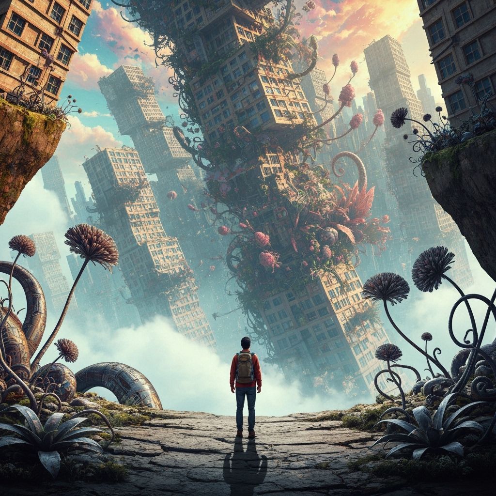 Traveler at Impossible Cityscape Precipice in Surreal Style