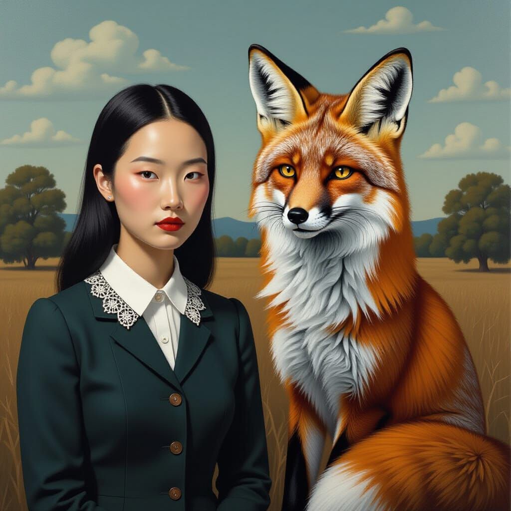 Asian Woman and Fox in American Gothic Style