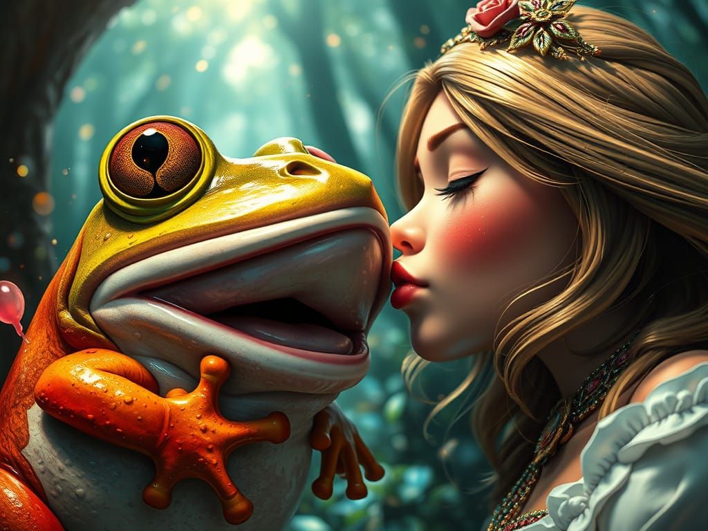 Princess Kisses Shocked Frog: Hyperdetailed Digital Art