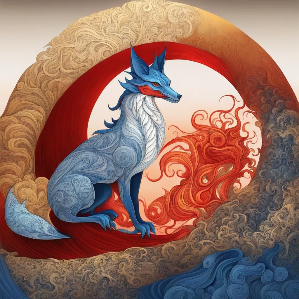 Gold Dragon and Blue Fox in Winter Forest