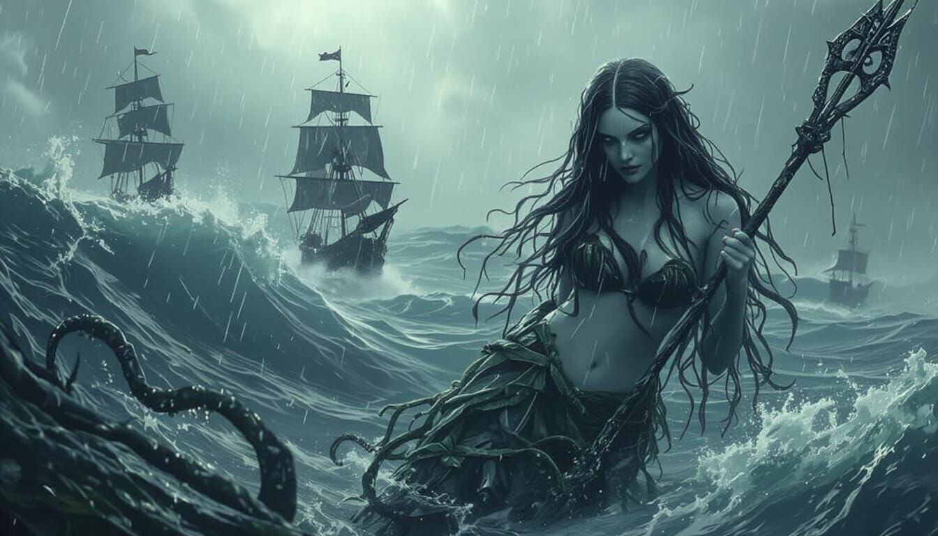 Sinister Mermaid in Stormy Seas with Sailing Ships