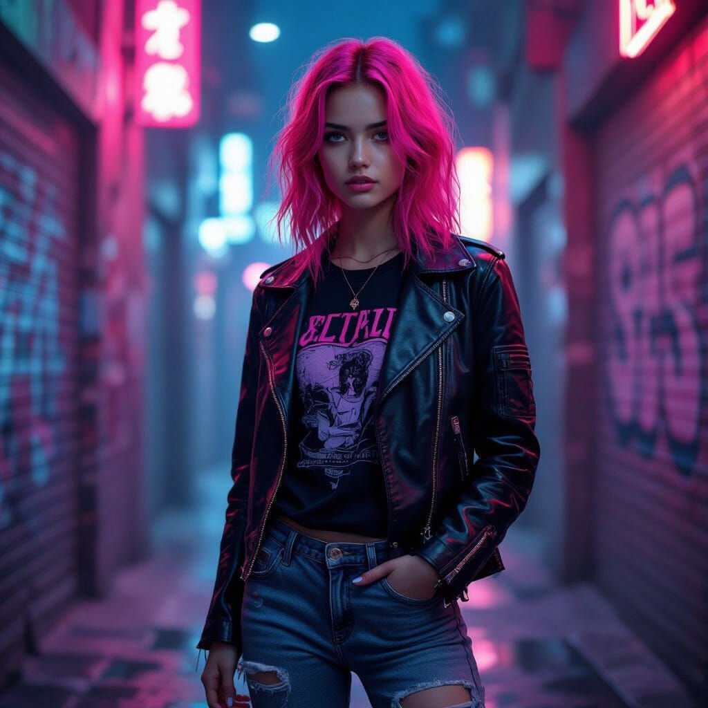 Cyberpunk Teen Girl in Neon Alleyway