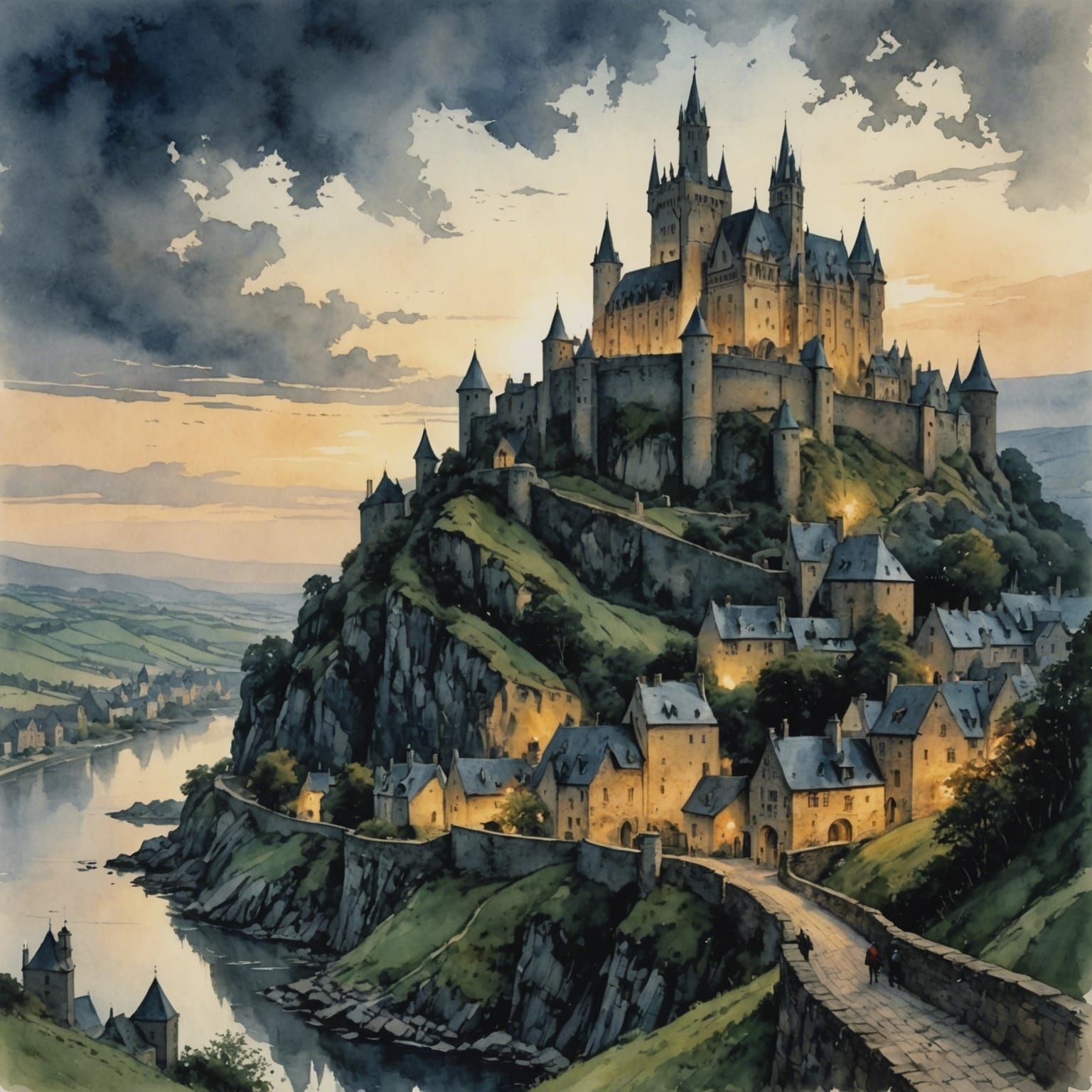 Gothic Castle Overlooking Village, Watercolor Postcard