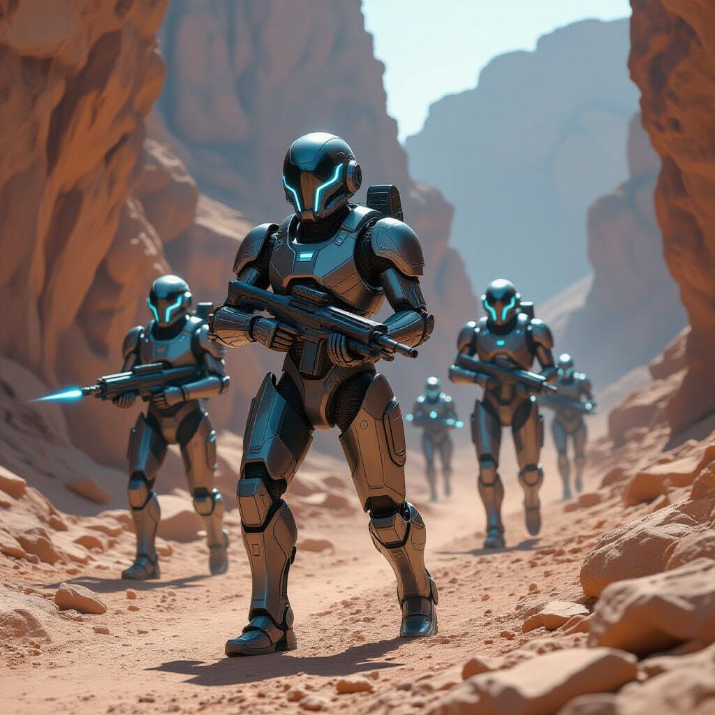 Futuristic Combat Droids Patrolling Rocky Ravine