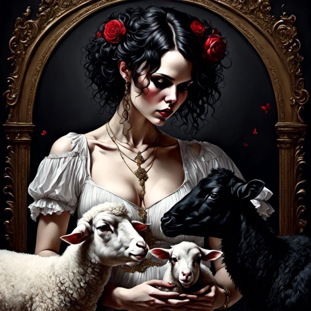 Girl Feeding Black Sheep in Pastoral Scene