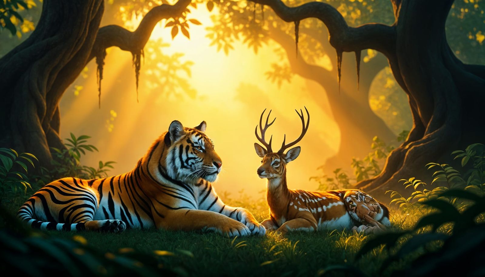 Tiger and Deer in Enchanted Misty Jungle