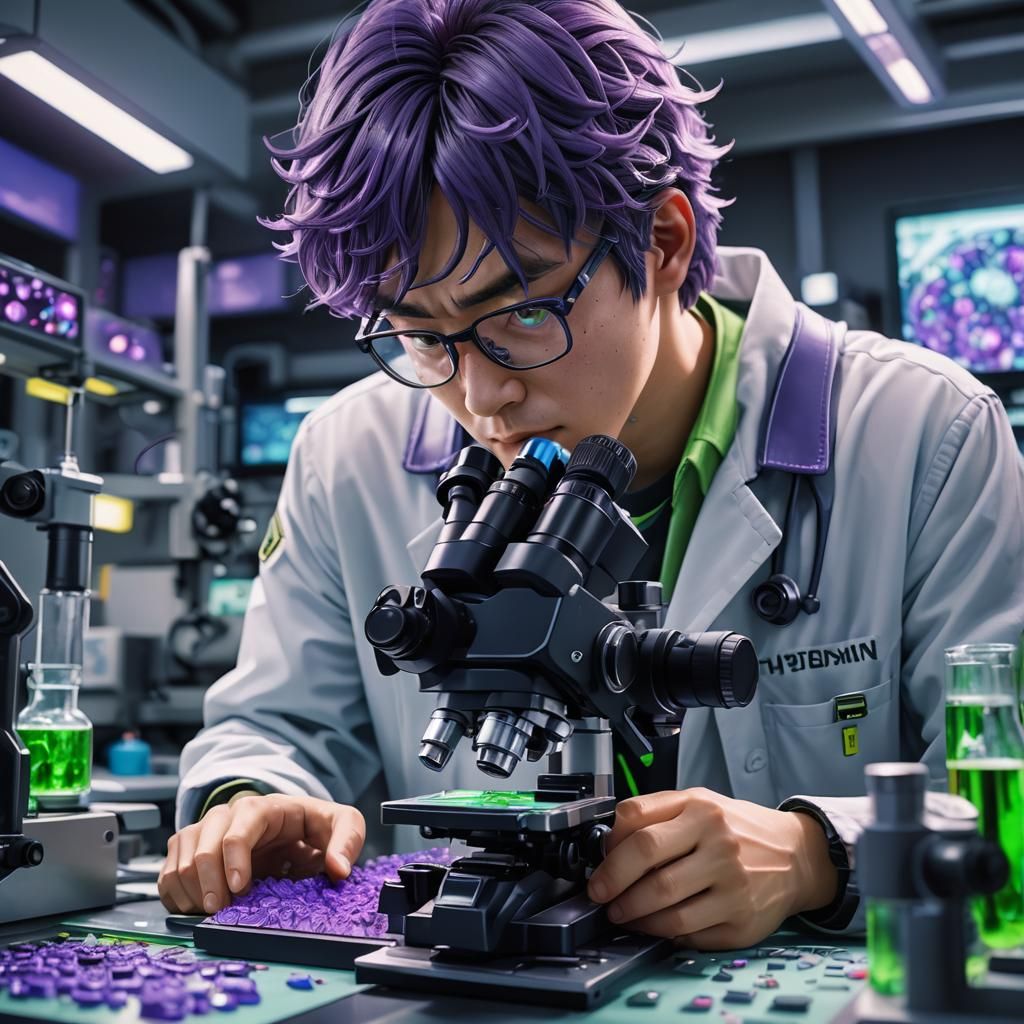 Biologist Studying Cells in Sci-Fi Anime Style