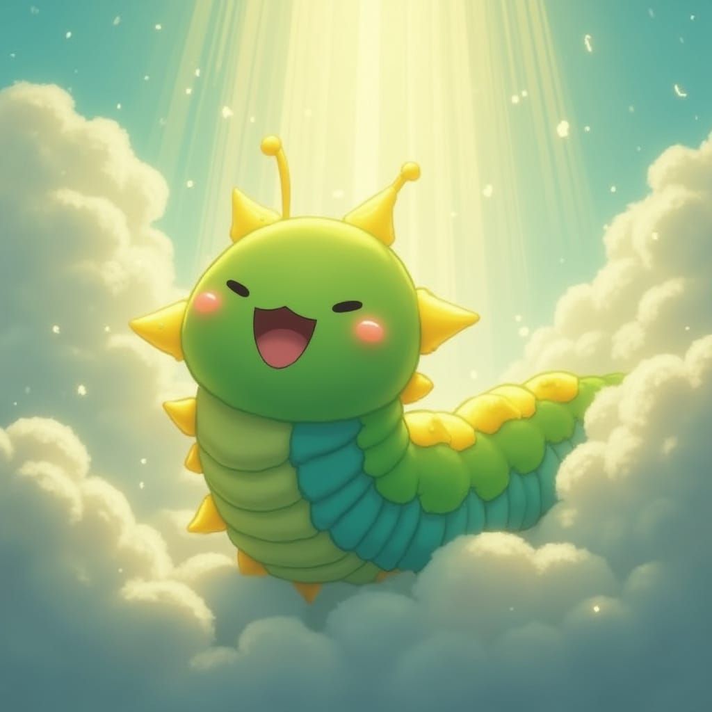 Enthusiastic Caterpillar in Dreamy Surrealist Landscape