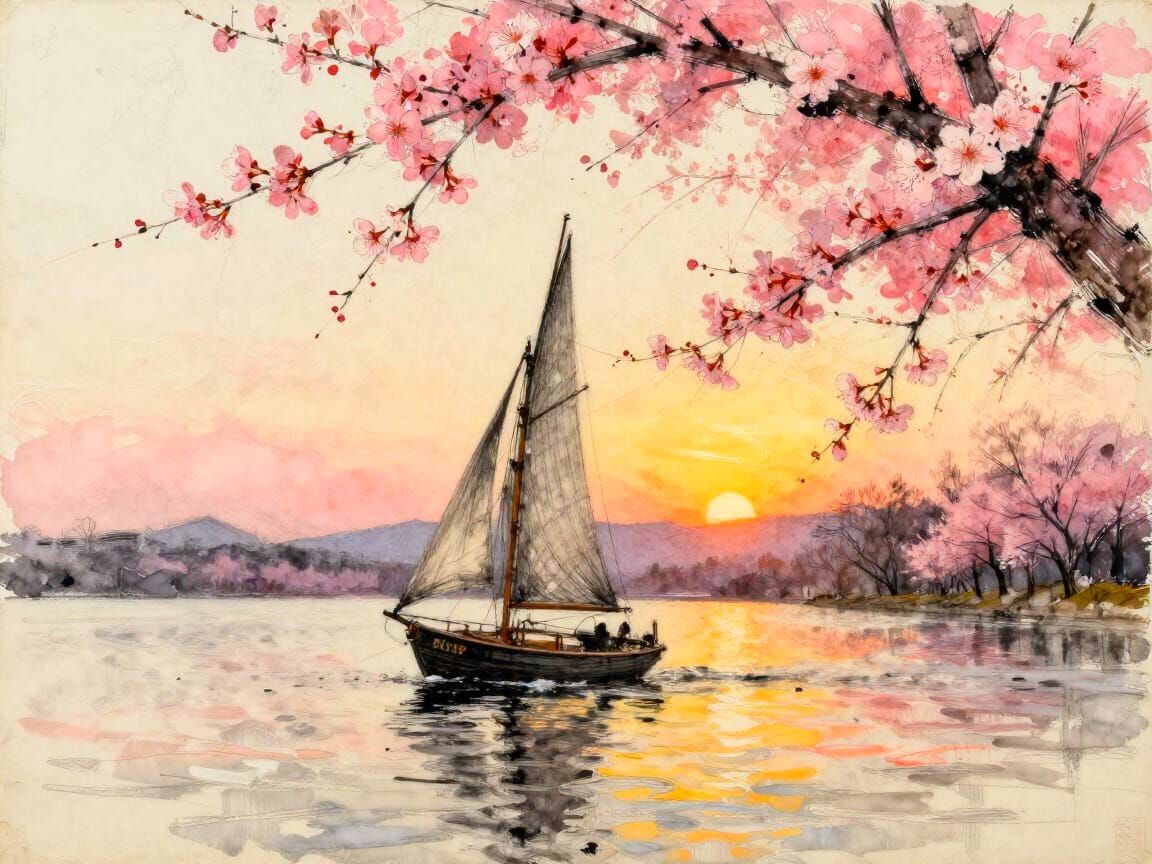 Lone Sailboat at Sunrise in Cherry Blossom Watercolor Sketch