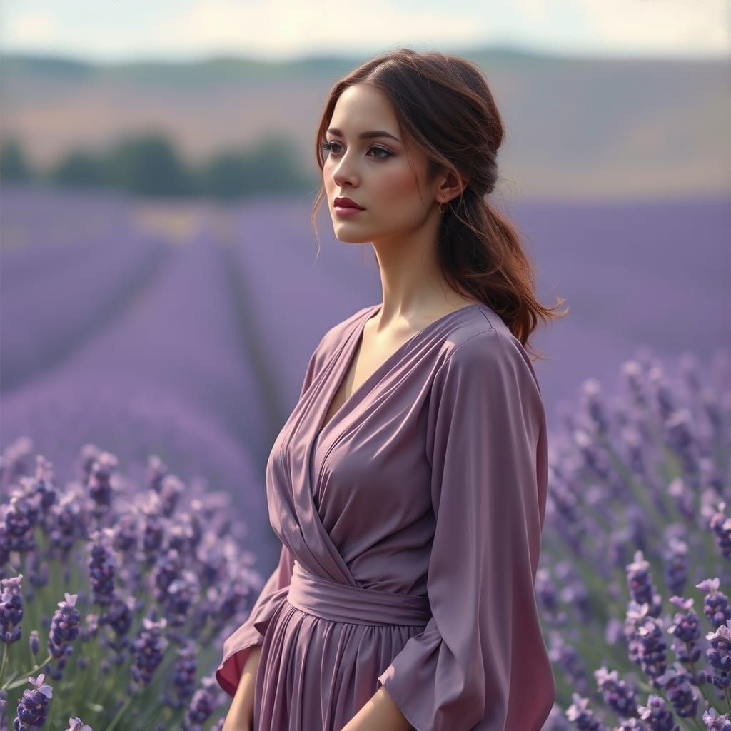 Ethereal European Woman Contemplates Lavender Landscape