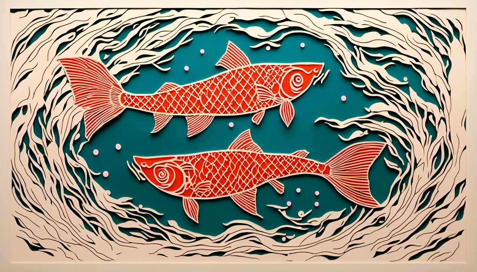 Yin Yang Koi Fish in Paper Cutting Style