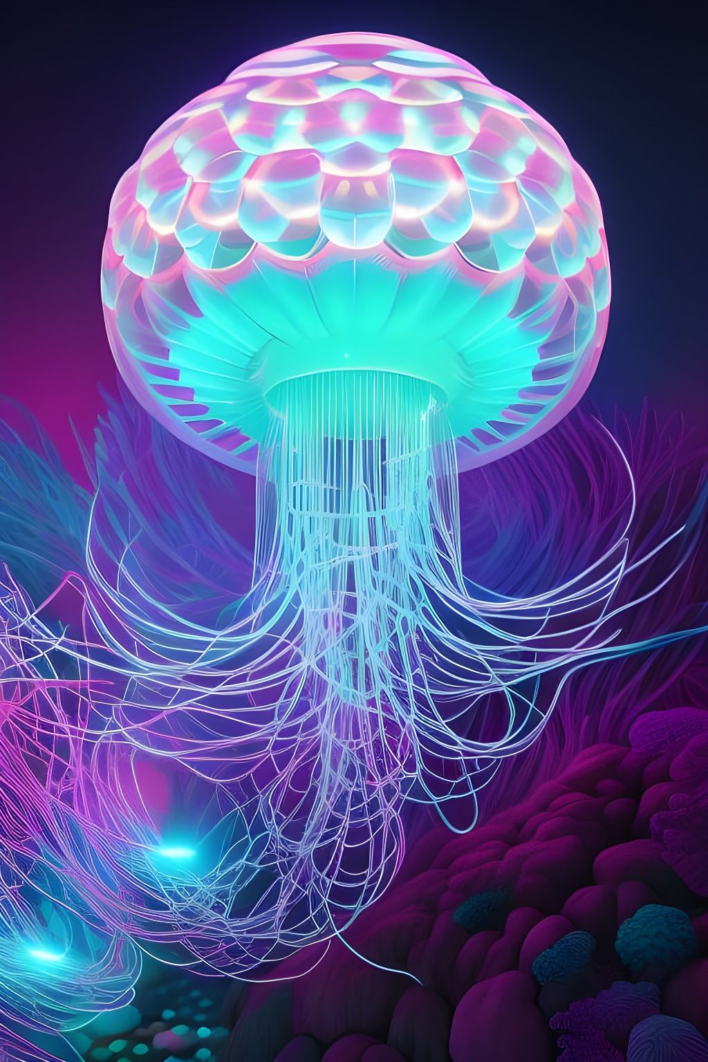 Synthwave Jellyfish with Bioluminescent Details