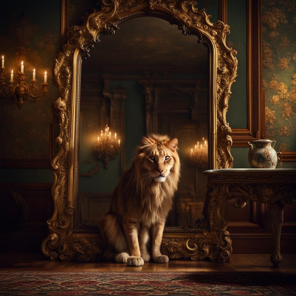 Majestic Lion Reflection in Antique Mirror