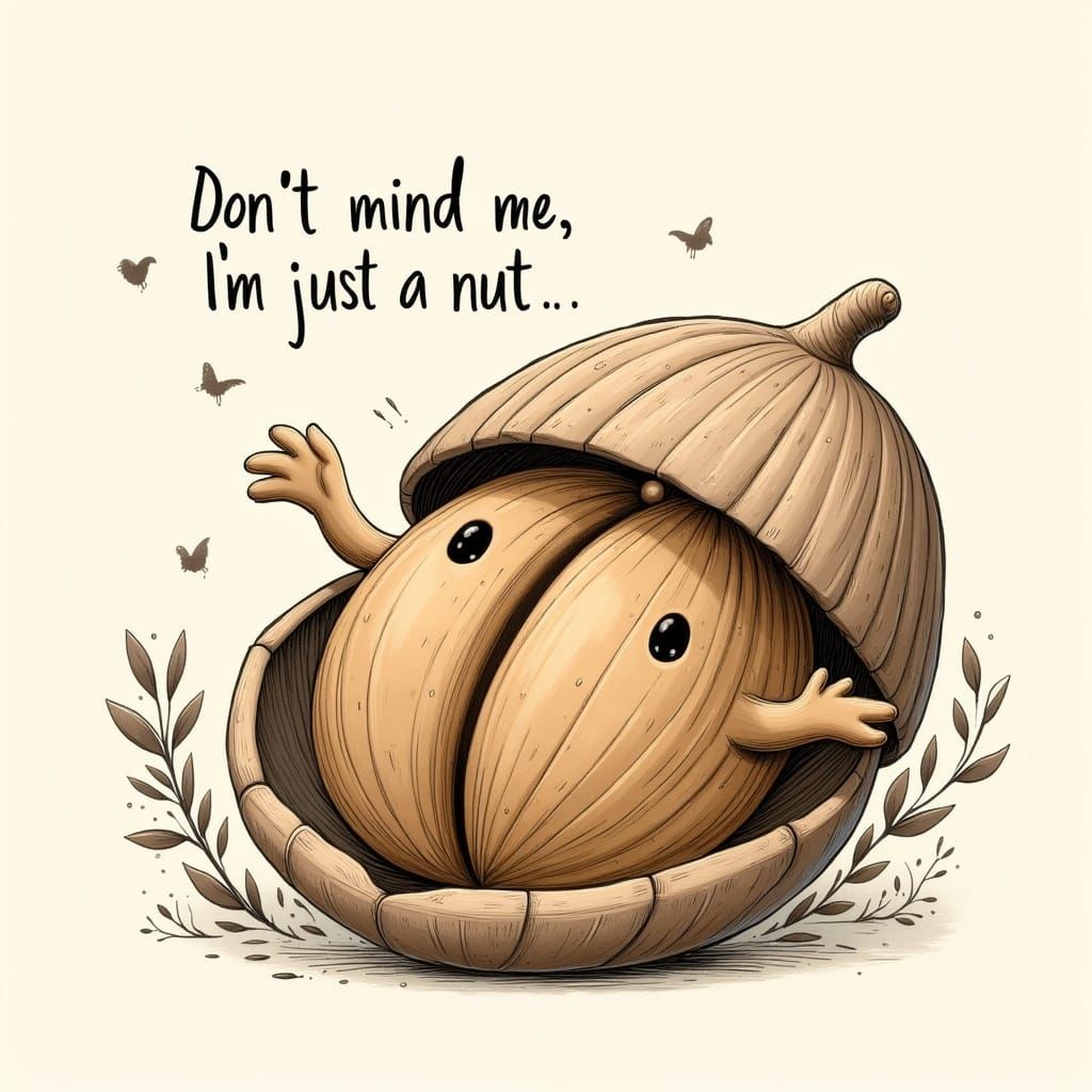 Whimsical Walnut Character in Shell with Speech Bubble