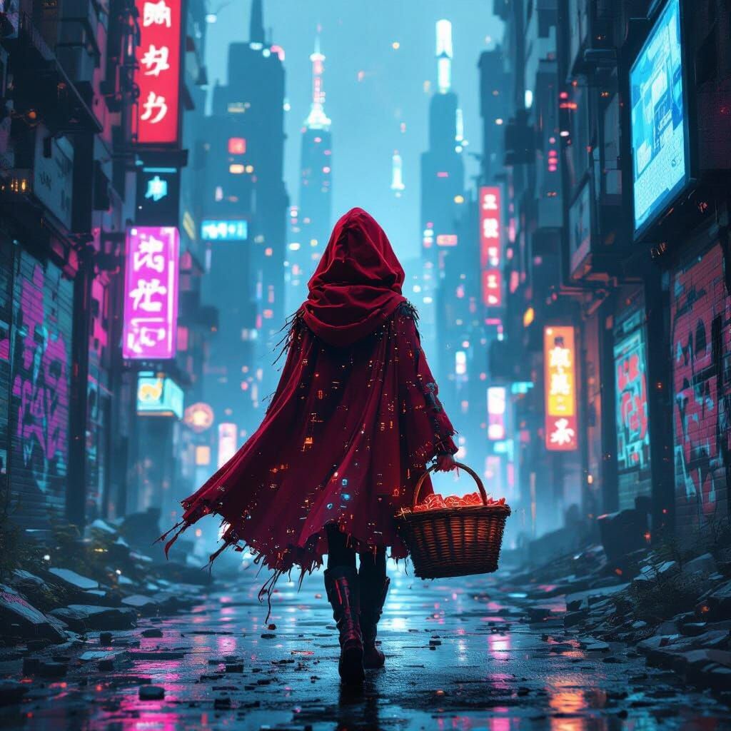 Little Red Riding Hood in Cyberpunk Dystopian City