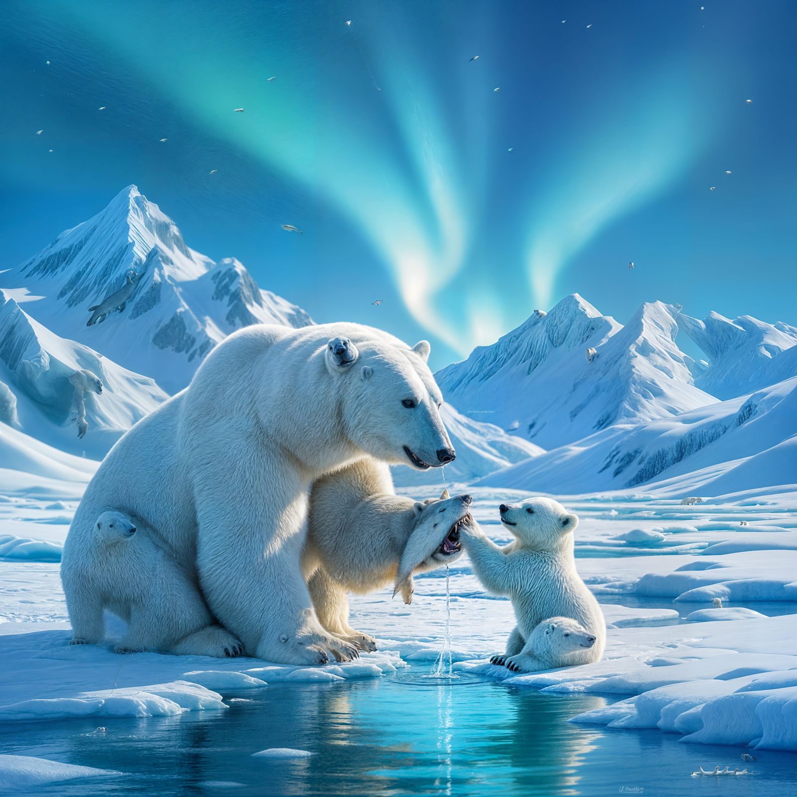 Polar Bear Feeds Cub Fish in Alaskan Arctic