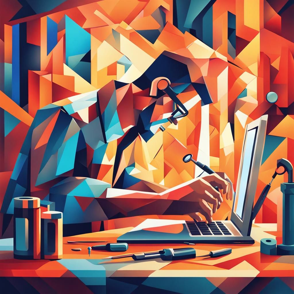 Technician Repairs Laptop in Cubist Art Deco Style