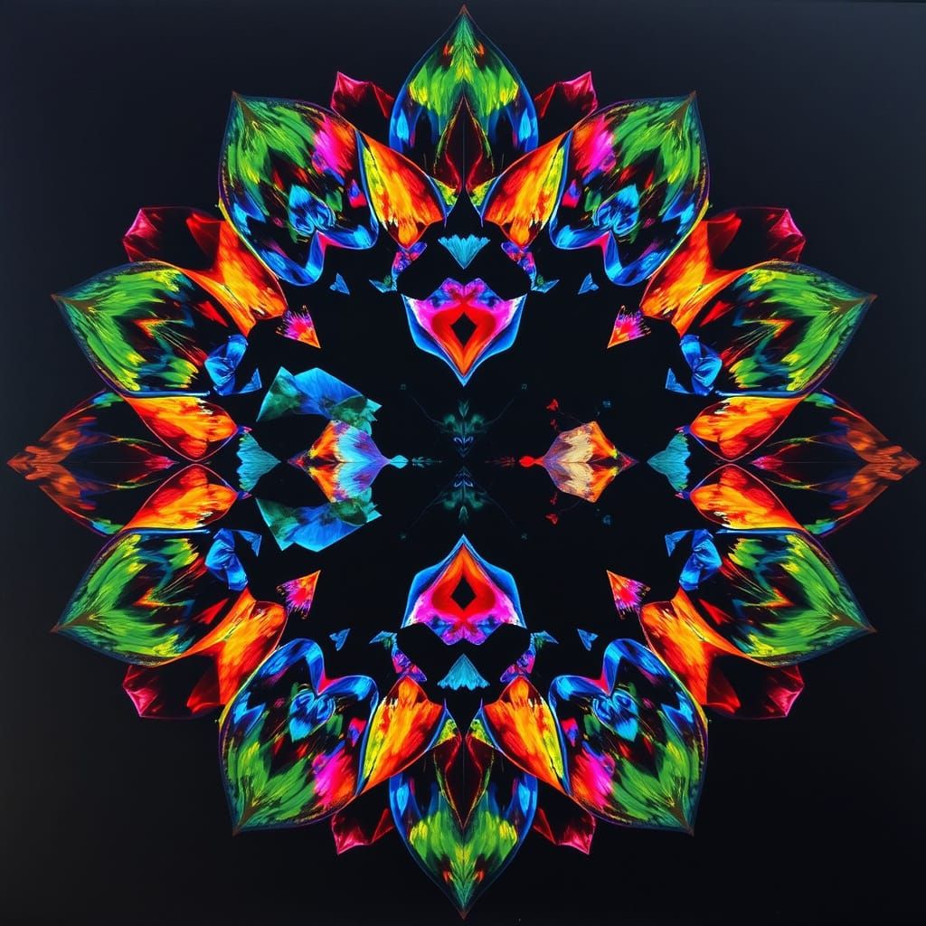 Symmetrical Kaleidoscope of Fragmented Forms in Dark, Mirror...