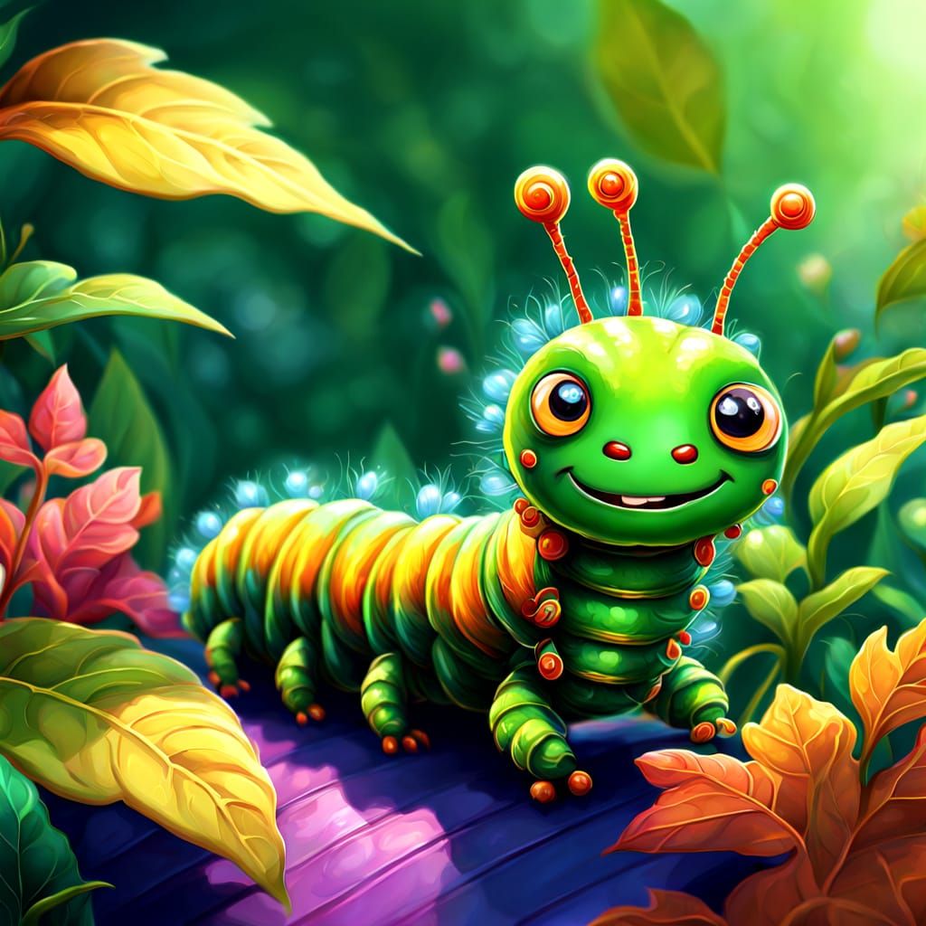 Excited Caterpillar in Colorful Floral Scene as Digital Art