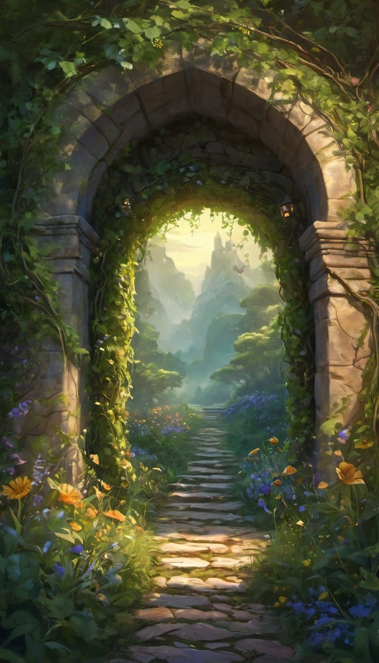 Enchanted Garden Archway in Oil Painting Style