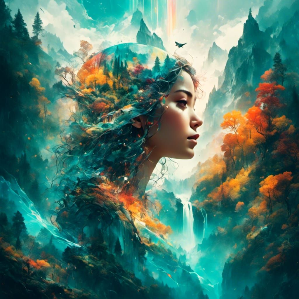 Sparkling Waterfall Inside Shell: Double Exposure Art