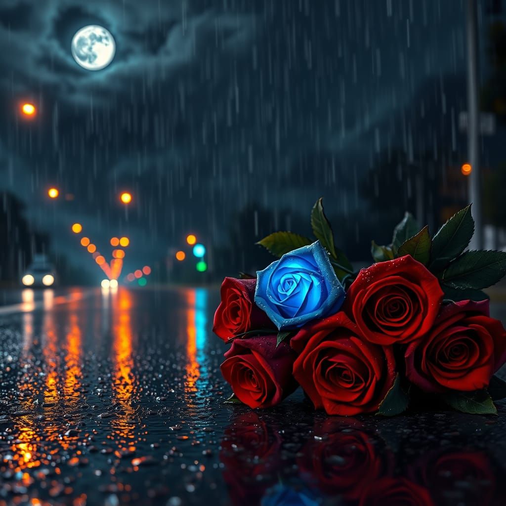 Luminous Blue Rose in Rainy Nightscape: Digital Art