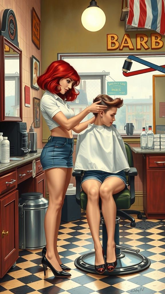 Vintage Barber Shop Scene in Warm Color Palette