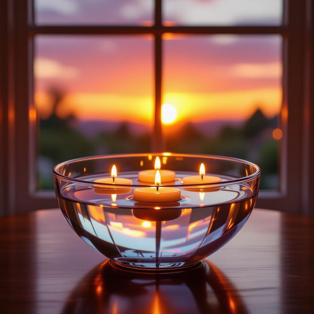 Serene Crystal Bowl with Floating Candles at Sunset