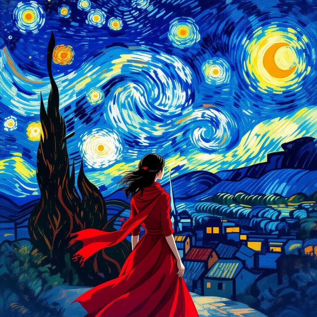 Woman and Floating Castle in Starry Night Dreamscape