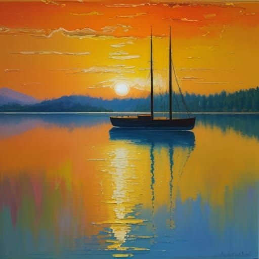 Impasto Sunset Lake Reflection Painting