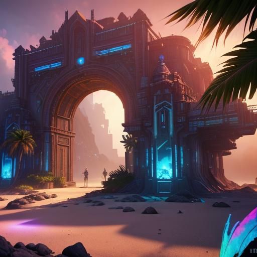 Tropical Cyberpunk Fortress on Sandy Shore