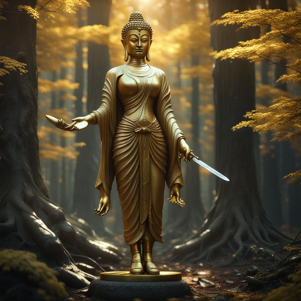 Gold Buddha Statue in Forest: Dark Fantasy Art