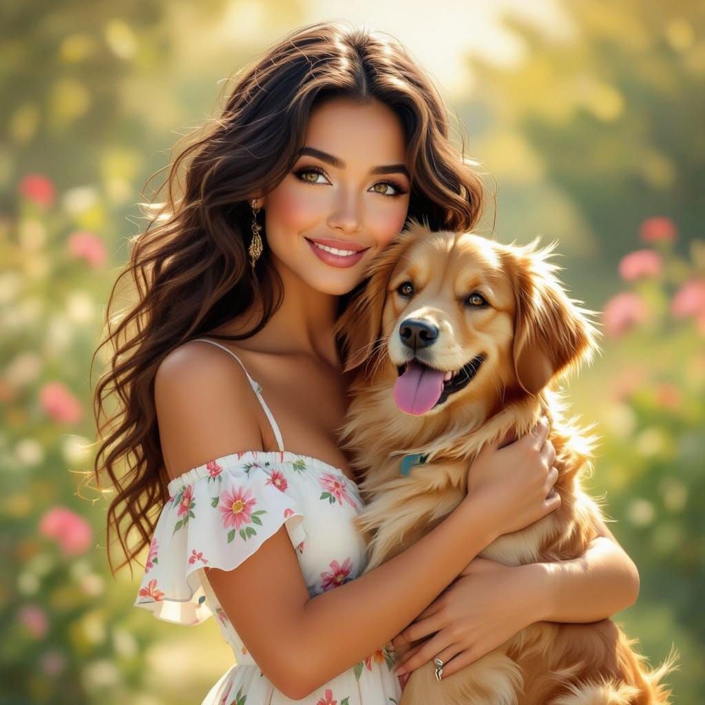 A Beautiful Woman and Her Loyal Golden Retriever in a Whimsi...