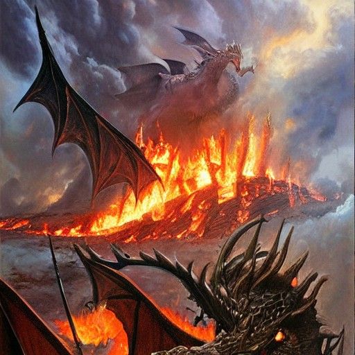 Dragons Clash in Epic Oil Painting