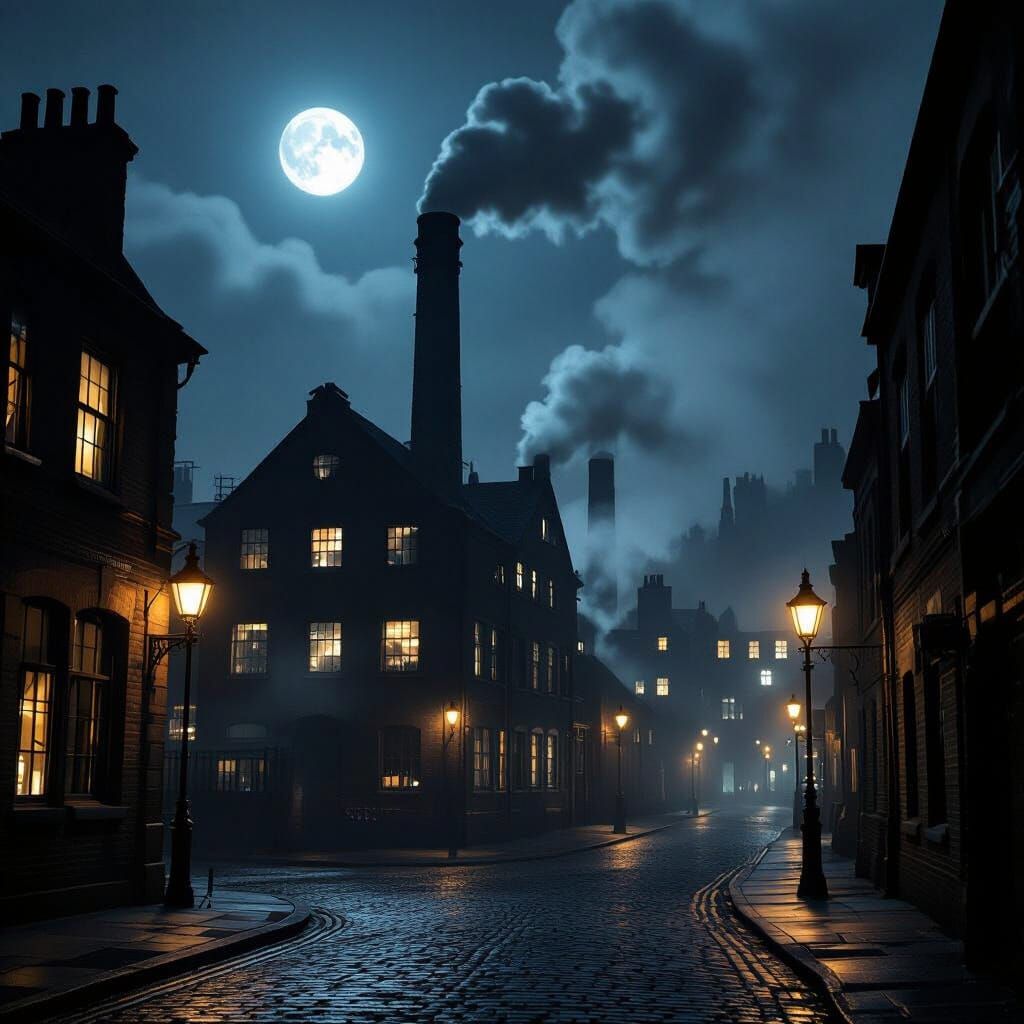 1905 London Factory at Night: Moody Atmosphere