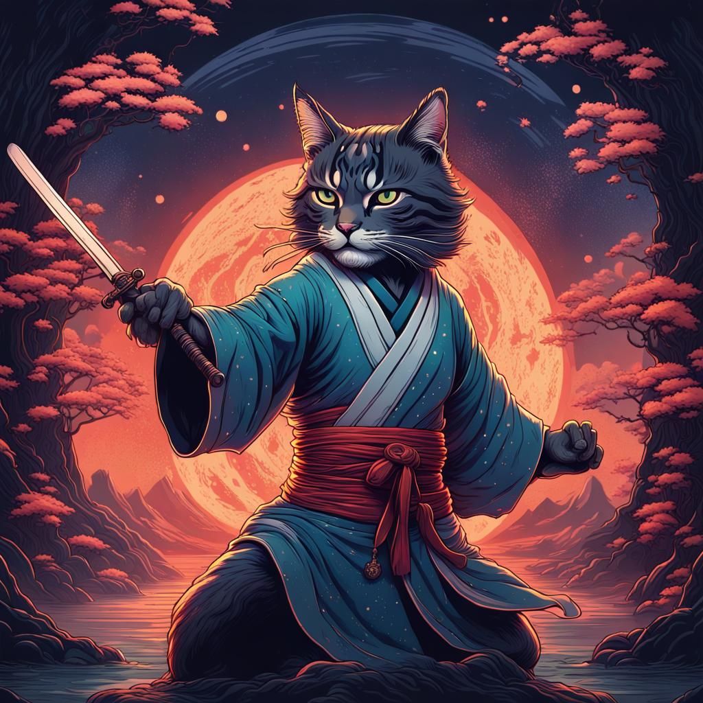 Kung Fu Master Cat Amidst Cosmic Wonders